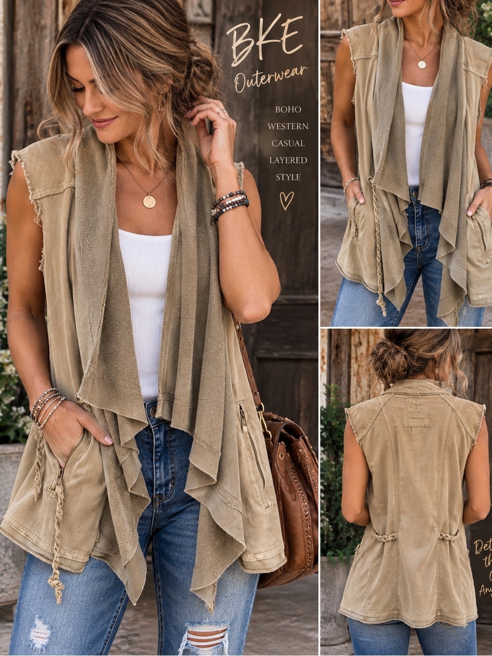 BKE Layered Boho Vest in Khaki